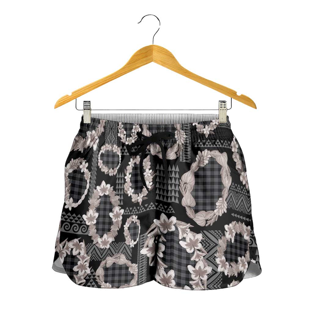 Hawaiian Leis Shorts for Women Kakau Tattoos and Palaka Pastel Grayscale LT03 - Polynesian Pride