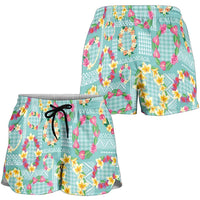 Hawaiian Leis Shorts for Women Kakau Tattoos and Palaka Pastel Teal Color LT03 - Polynesian Pride