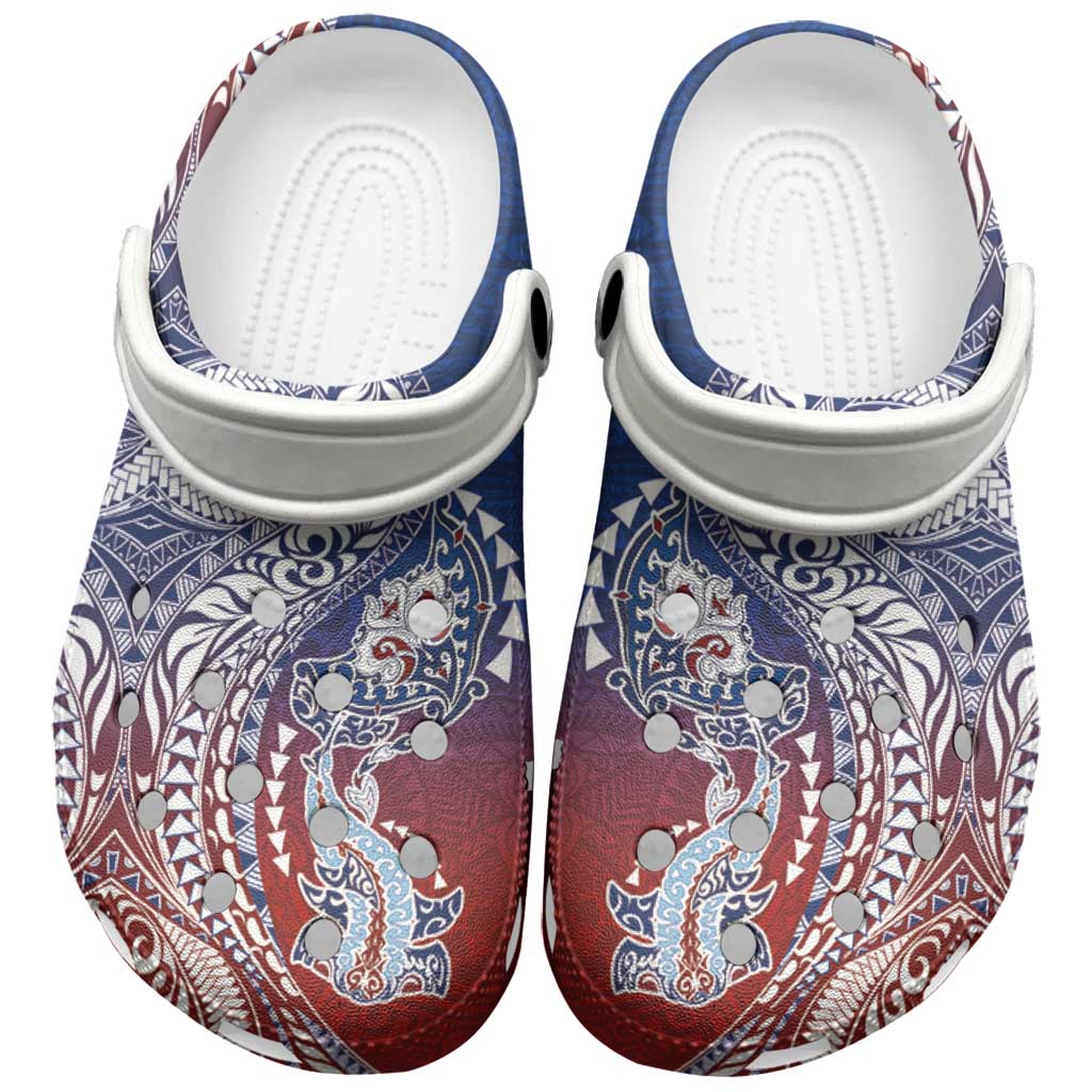Hawaiian Manta Ray and Hammerhead Shark Tribal Tattoo Clogs Shoes with Polynesian Tribal Pattern Hawaii Flag Color LT03