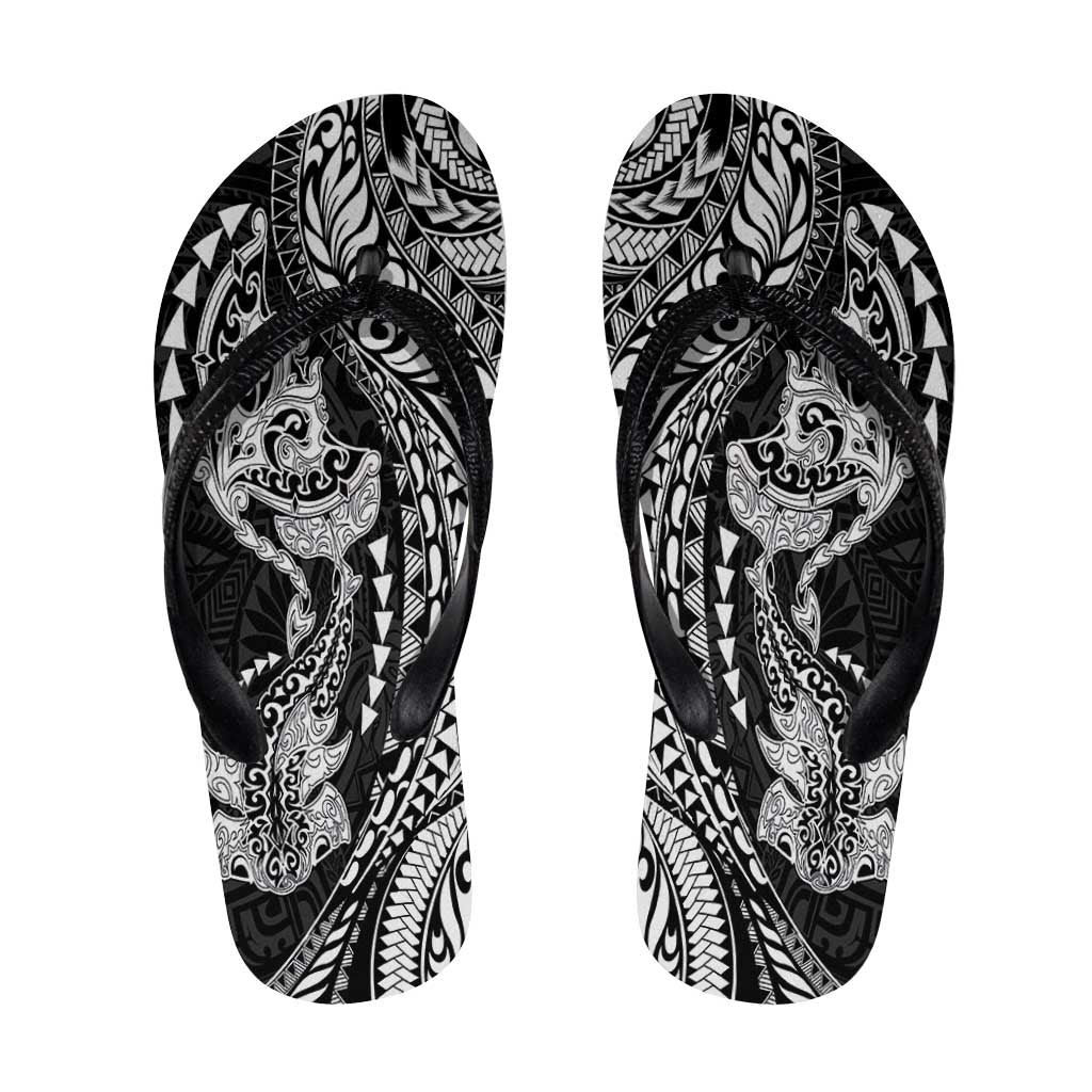 Hawaiian Manta Ray and Hammerhead Shark Tribal Tattoo Flip Flops with Polynesian Tribal Pattern Black-White Color