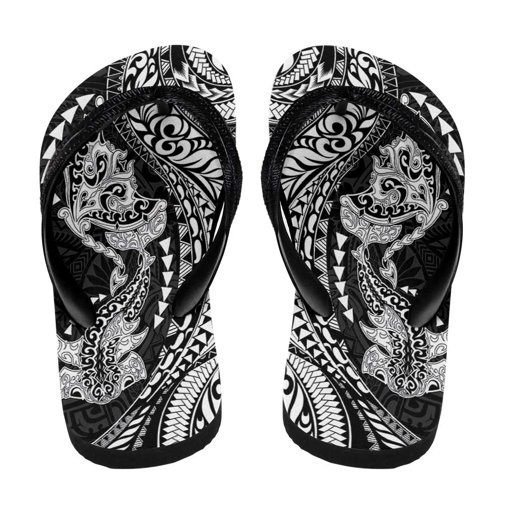 Hawaiian Manta Ray and Hammerhead Shark Tribal Tattoo Flip Flops with Polynesian Tribal Pattern Black-White Color LT03 - Polynesian Pride