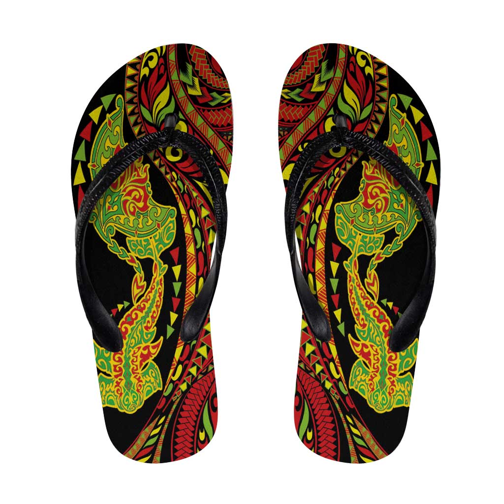 Hawaiian Manta Ray and Hammerhead Shark Tribal Tattoo Flip Flops with Polynesian Tribal Pattern Kanaka Maoli Flag Color