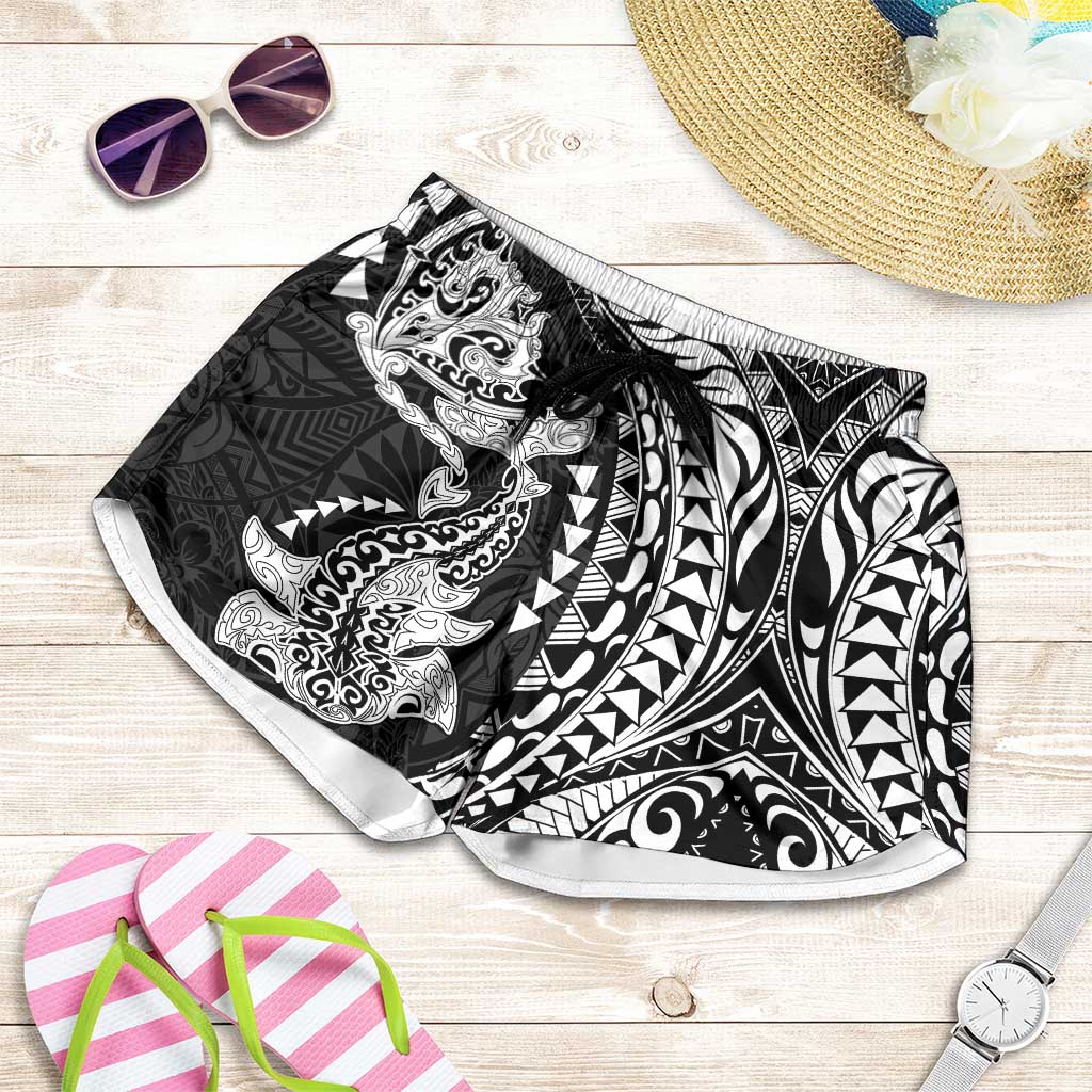 Hawaiian Manta Ray and Hammerhead Shark Tribal Tattoo Shorts for Women with Polynesian Tribal Pattern Black-White Color LT03 Multicolor - Polynesian Pride