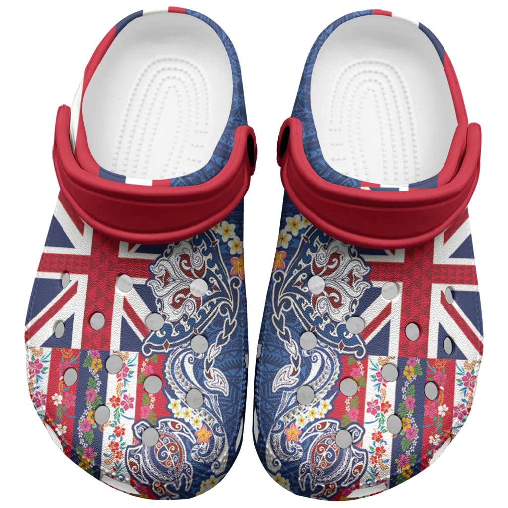 Hawaiian Manta Ray and Turtle Tribal Tattoo Clogs Shoes with Hawaii Flag and Flowers LT03 Multicolor - Polynesian Pride