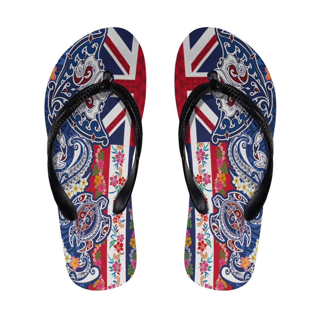 Hawaiian Manta Ray and Turtle Tribal Tattoo Flip Flops with Hawaii Flag and Flowers LT03 Multicolor - Polynesian Pride
