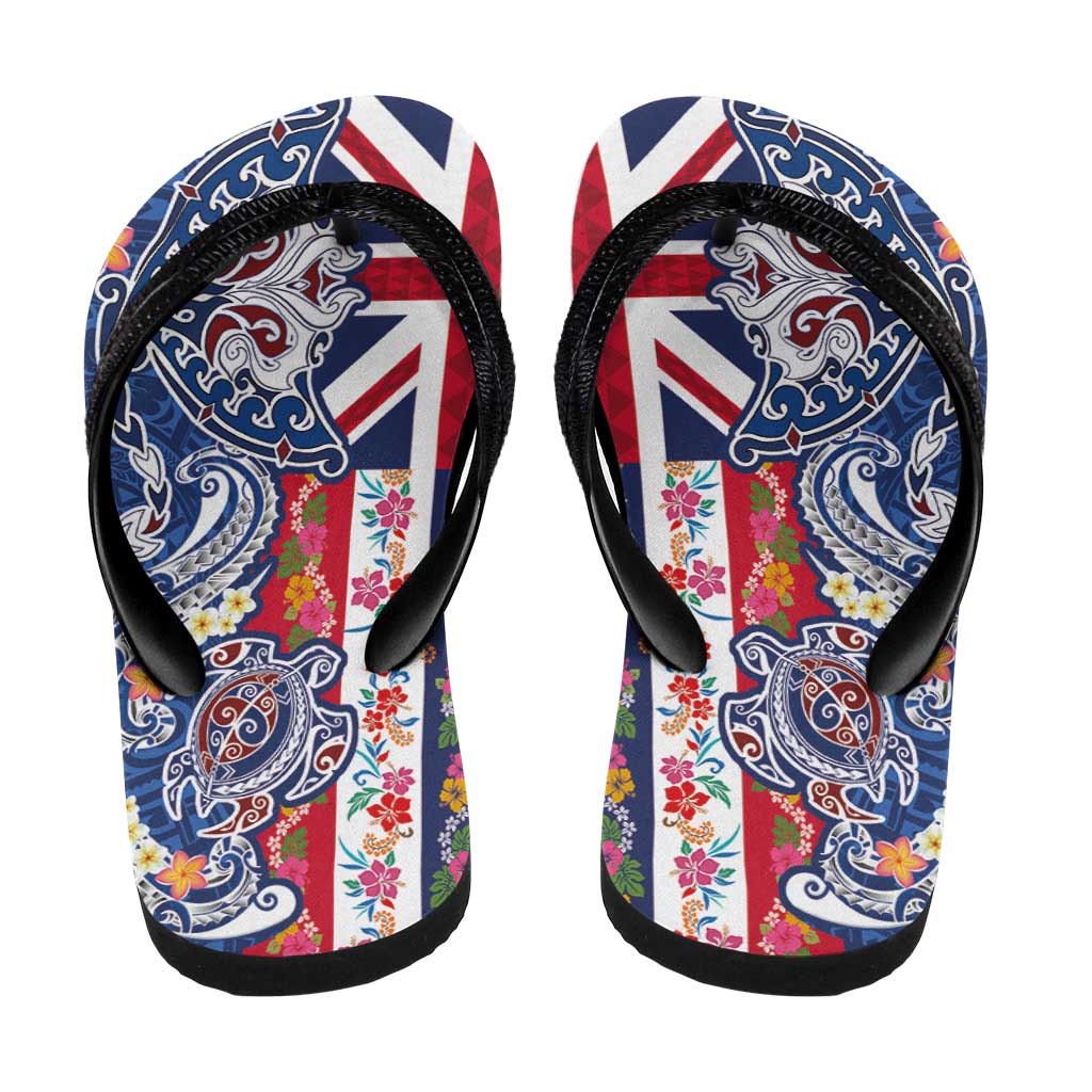 Hawaiian Manta Ray and Turtle Tribal Tattoo Flip Flops with Hawaii Flag and Flowers LT03 - Polynesian Pride