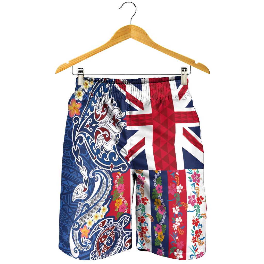 Hawaiian Manta Ray and Turtle Tribal Tattoo Shorts for Men with Hawaii Flag and Flowers LT03 - Polynesian Pride
