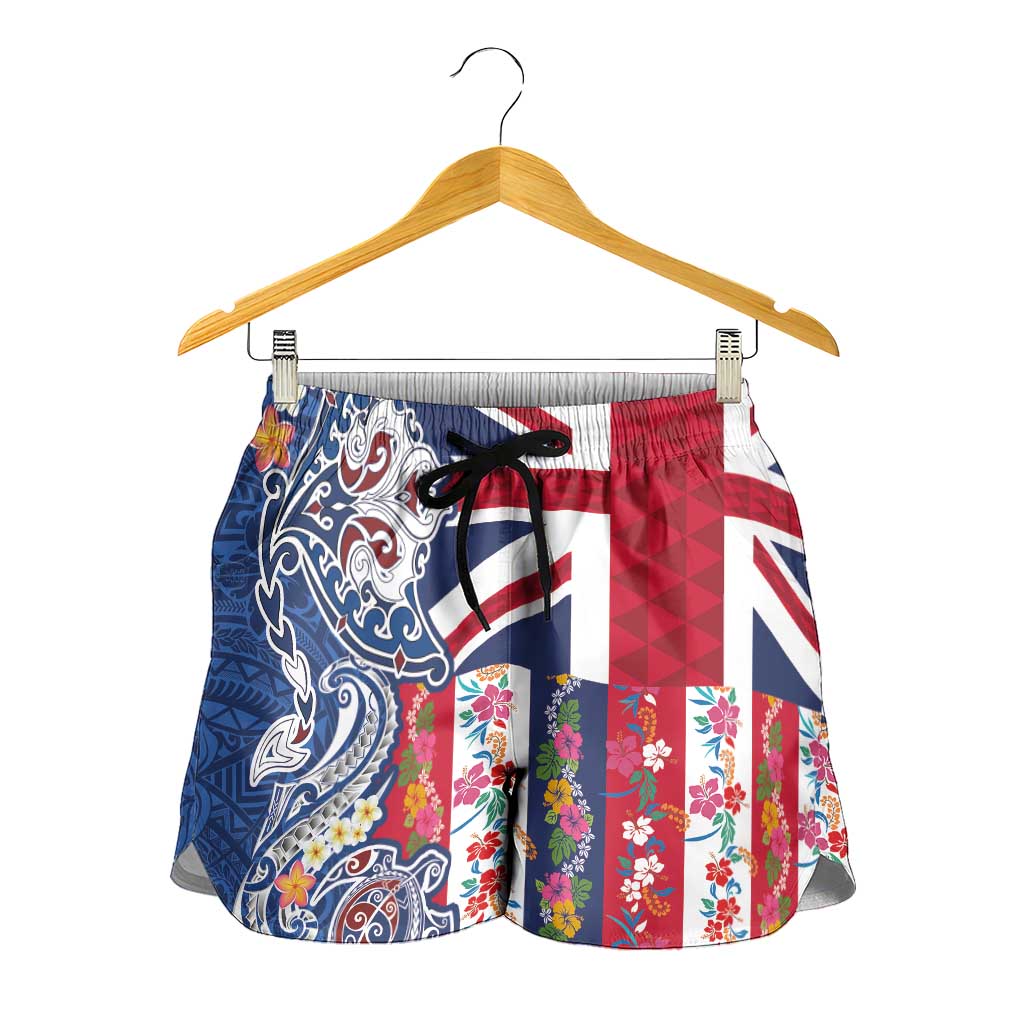 Hawaiian Manta Ray and Turtle Tribal Tattoo Shorts for Women with Hawaii Flag and Flowers