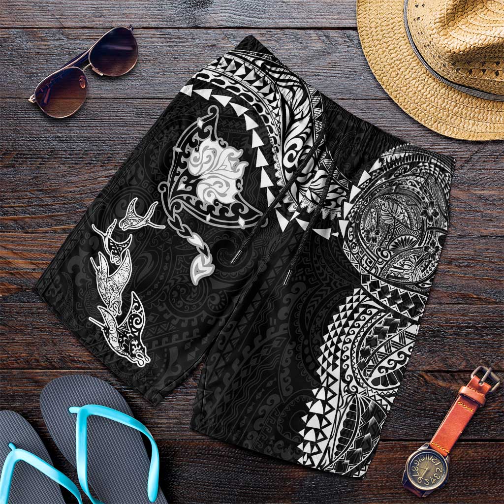 Hawaiian Manta Ray Tribal Shorts for Men Polynesian Art Motifs Black Color LT03 Black - Polynesian Pride