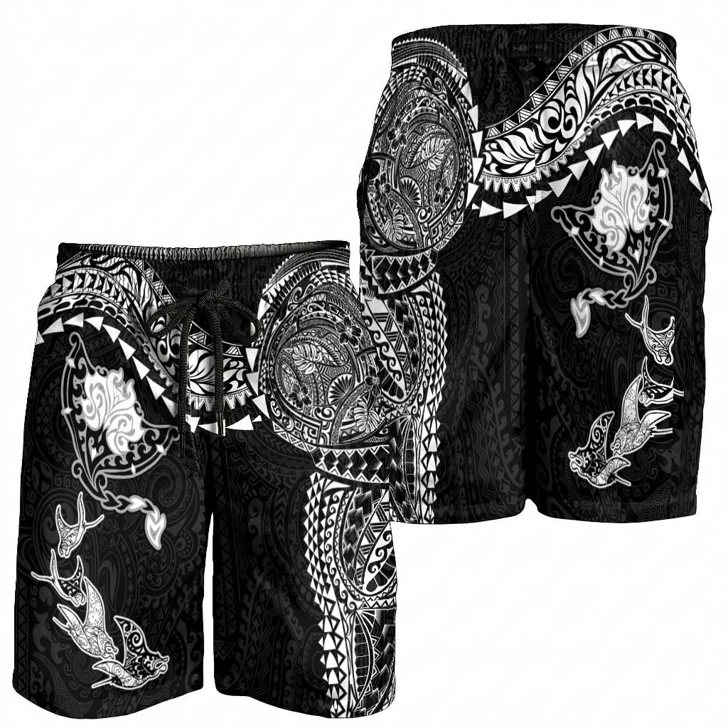 Hawaiian Manta Ray Tribal Shorts for Men Polynesian Art Motifs Black Color LT03 - Polynesian Pride