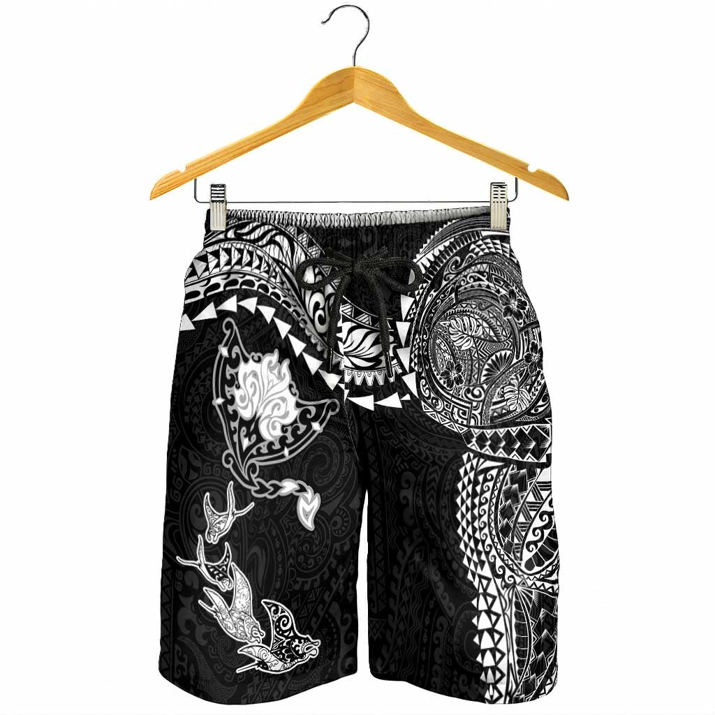 Hawaiian Manta Ray Tribal Shorts for Men Polynesian Art Motifs Black Color LT03 - Polynesian Pride