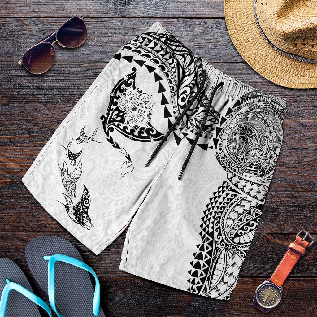 Hawaiian Manta Ray Tribal Shorts for Men Polynesian Art Motifs White Color LT03 White - Polynesian Pride