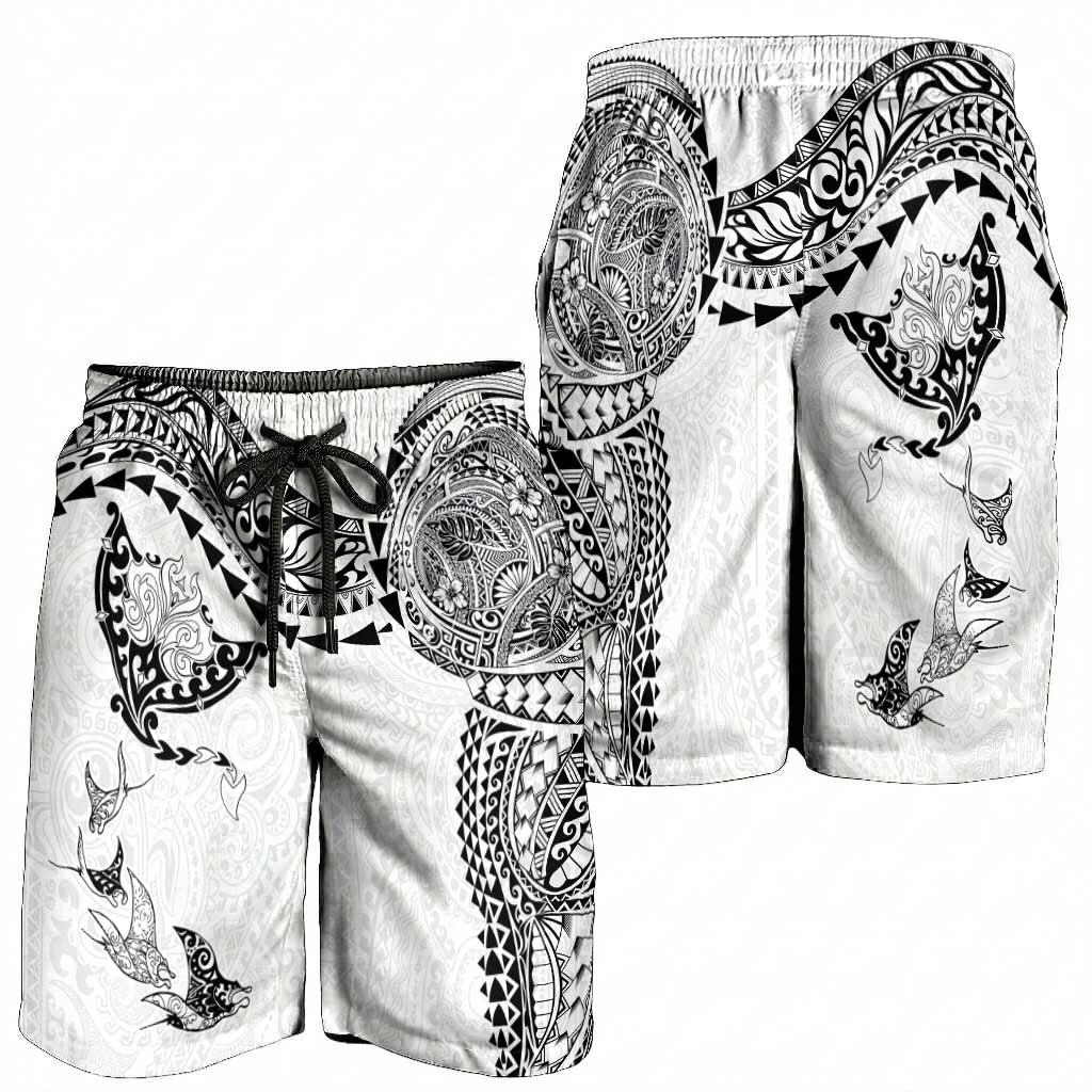 Hawaiian Manta Ray Tribal Shorts for Men Polynesian Art Motifs White Color LT03 - Polynesian Pride