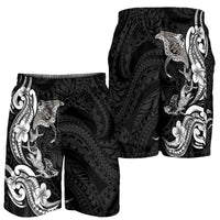 Hawaiian Manta Rays Shorts for Men Tribal Hibiscus Polynesian Tattoos Black Color - Polynesian Pride