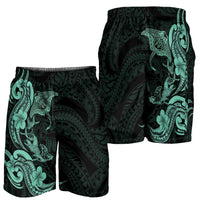 Hawaiian Manta Rays Shorts for Men Tribal Hibiscus Polynesian Tattoos Turquoise Color - Polynesian Pride