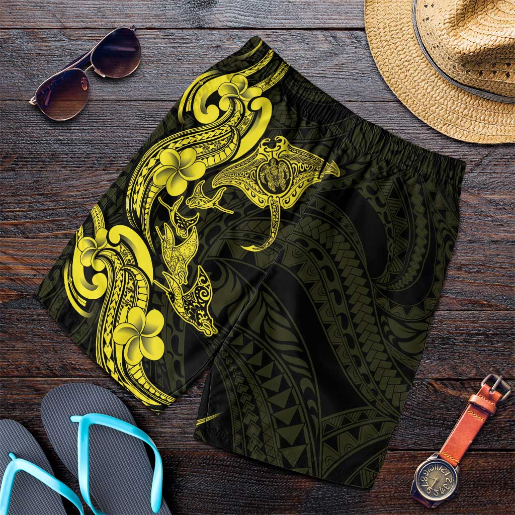 Hawaiian Manta Rays Shorts for Men Tribal Hibiscus Polynesian Tattoos Yellow Color - Polynesian Pride