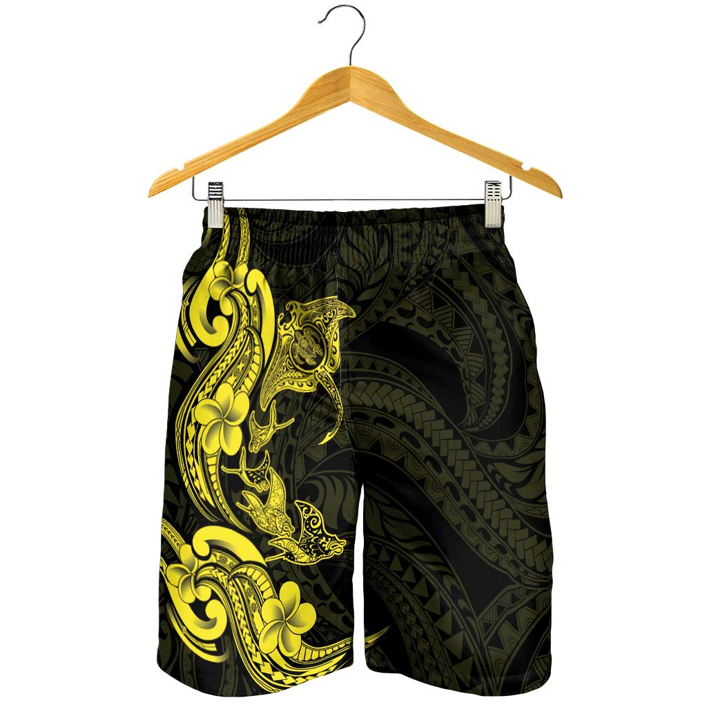 Hawaiian Manta Rays Shorts for Men Tribal Hibiscus Polynesian Tattoos Yellow Color - Polynesian Pride