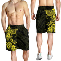 Hawaiian Manta Rays Shorts for Men Tribal Hibiscus Polynesian Tattoos Yellow Color - Polynesian Pride