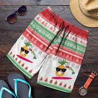 Hawaiian Mele Kalikimaka Shorts for Men Funny Pineapple Surfing with Map Christmas Stripe Elements LT03 Multicolor - Polynesian Pride