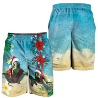 Hawaiian Mele Kalikimaka Shorts for Men Xmas Turtles and Tropical Plants with Red Poinsettia Watercolor Style - Polynesian Pride