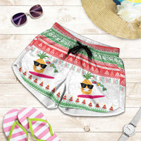 Hawaiian Mele Kalikimaka Shorts for Women Funny Pineapple Surfing with Map Christmas Stripe Elements LT03 Multicolor - Polynesian Pride