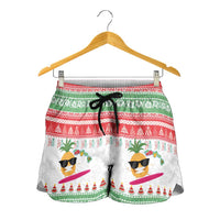 Hawaiian Mele Kalikimaka Shorts for Women Funny Pineapple Surfing with Map Christmas Stripe Elements LT03 - Polynesian Pride