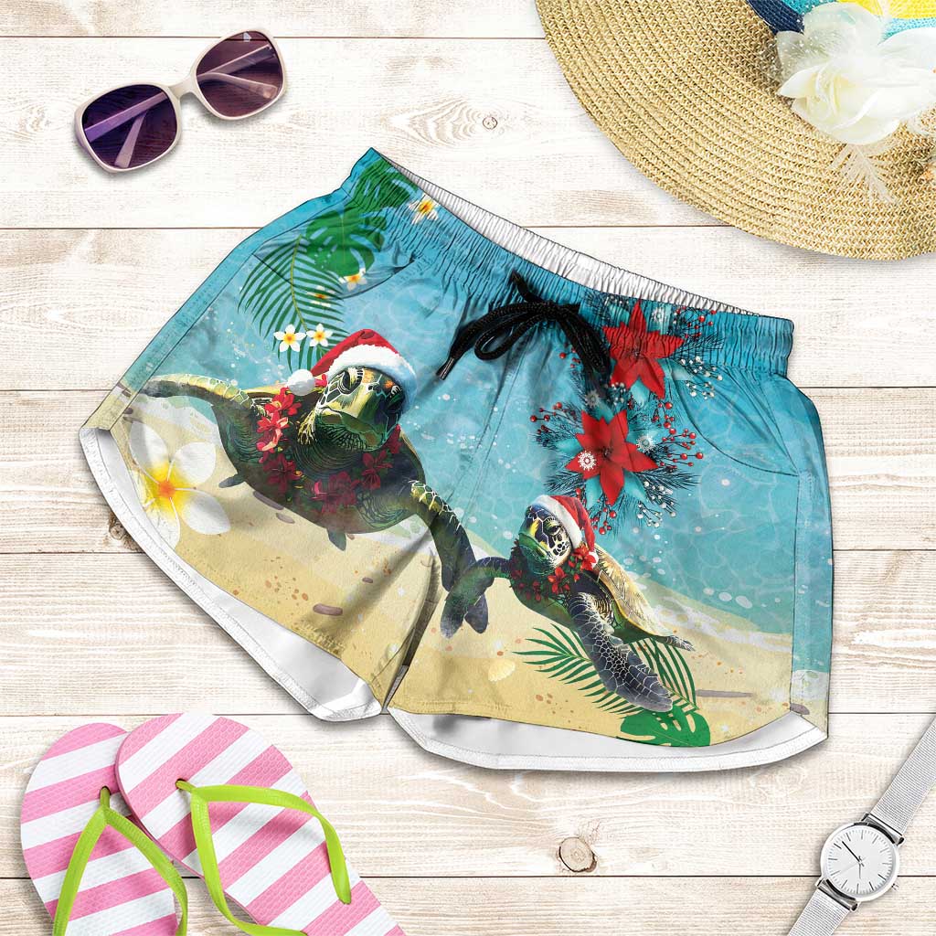 Hawaiian Mele Kalikimaka Shorts for Women Xmas Turtles and Tropical Plants with Red Poinsettia Watercolor Style - Polynesian Pride