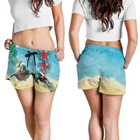 Hawaiian Mele Kalikimaka Shorts for Women Xmas Turtles and Tropical Plants with Red Poinsettia Watercolor Style - Polynesian Pride