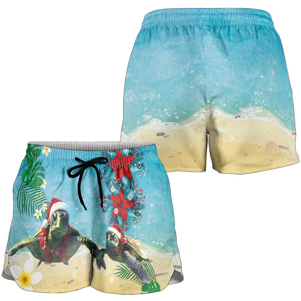 Hawaiian Mele Kalikimaka Shorts for Women Xmas Turtles and Tropical Plants with Red Poinsettia Watercolor Style - Polynesian Pride