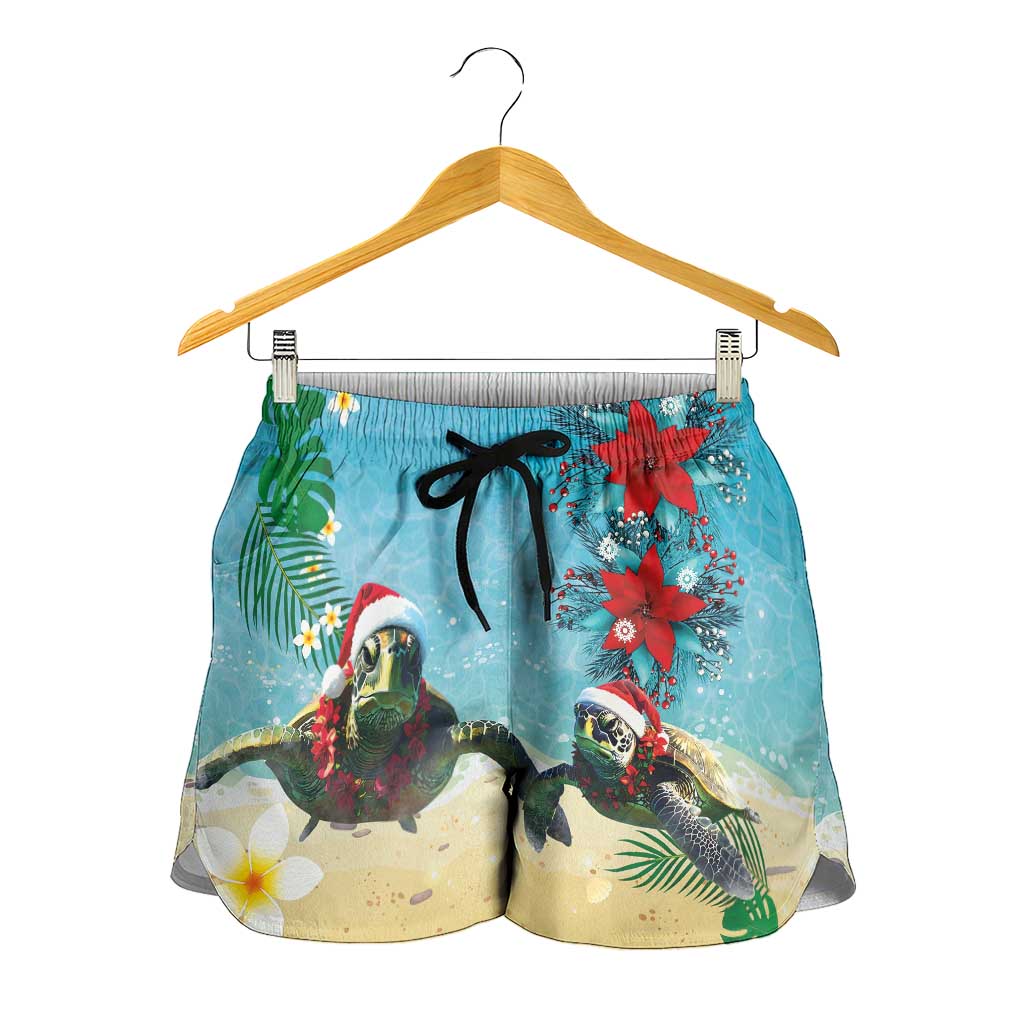 Hawaiian Mele Kalikimaka Shorts for Women Xmas Turtles and Tropical Plants with Red Poinsettia Watercolor Style - Polynesian Pride