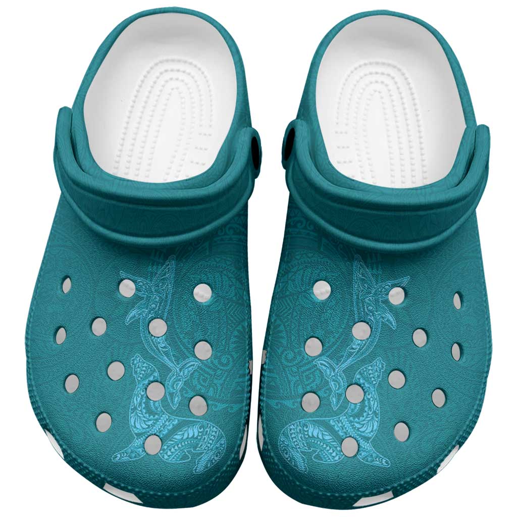 Hawaiian Monk Seal and Whale Clogs Shoes Kakau Tribal Pattern Teal Color LT03 Teal - Polynesian Pride