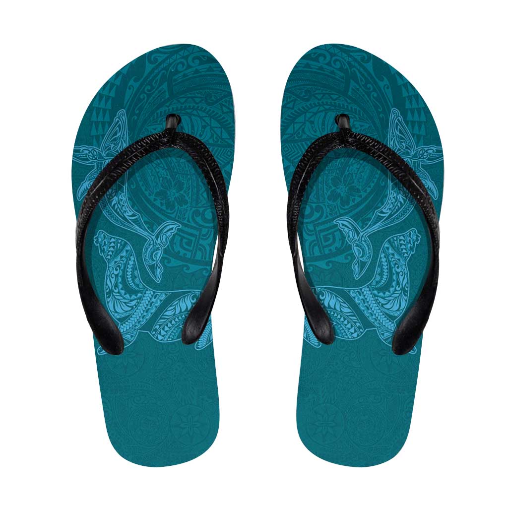 Hawaiian Monk Seal and Whale Flip Flops Kakau Tribal Pattern Teal Color LT03 Teal - Polynesian Pride