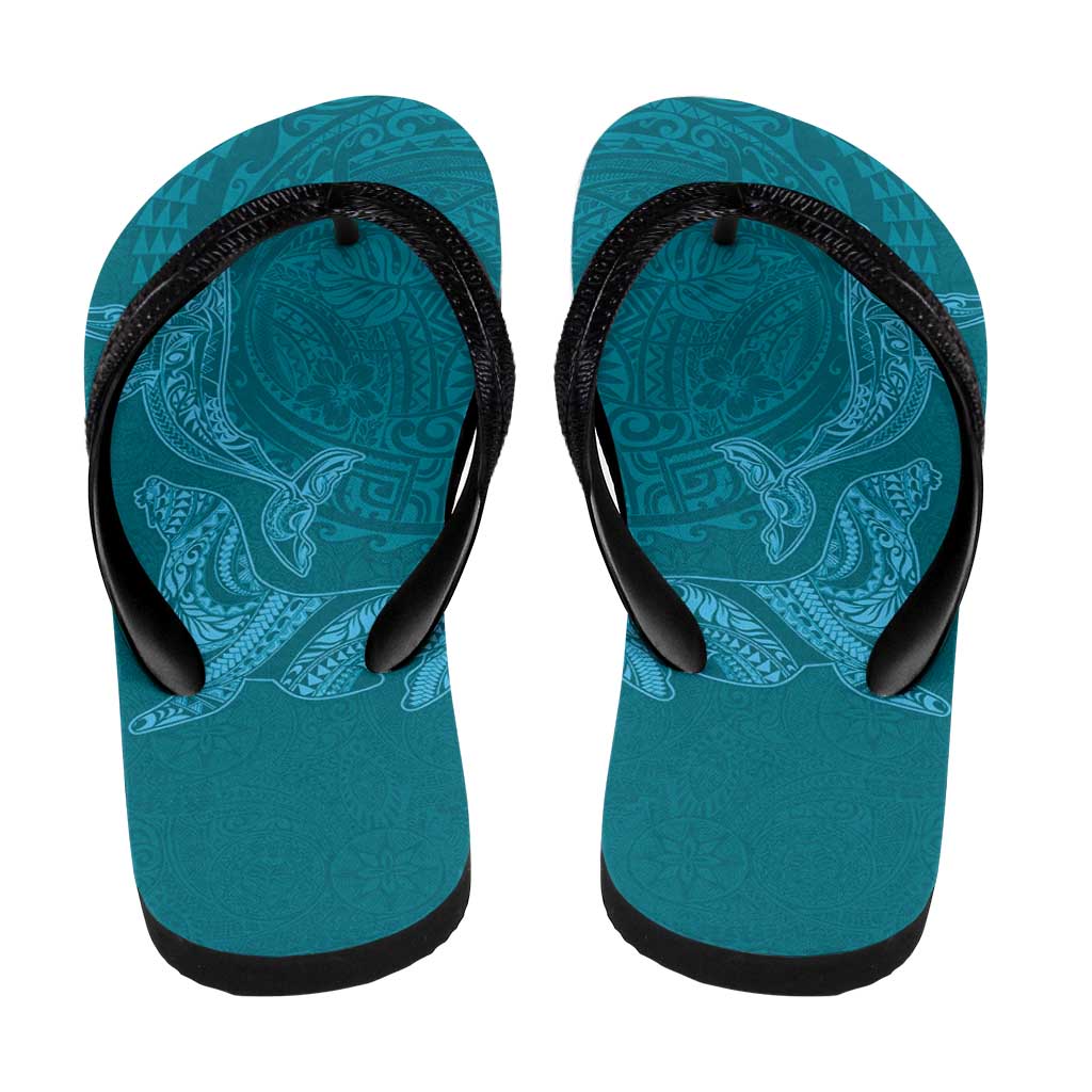 Hawaiian Monk Seal and Whale Flip Flops Kakau Tribal Pattern Teal Color LT03 - Polynesian Pride