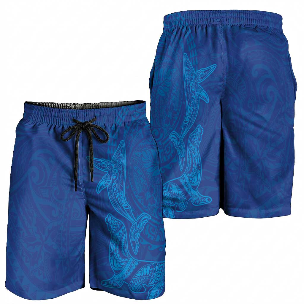 Hawaiian Monk Seal and Whale Shorts for Men Kakau Tribal Pattern Blue Color LT03 - Polynesian Pride