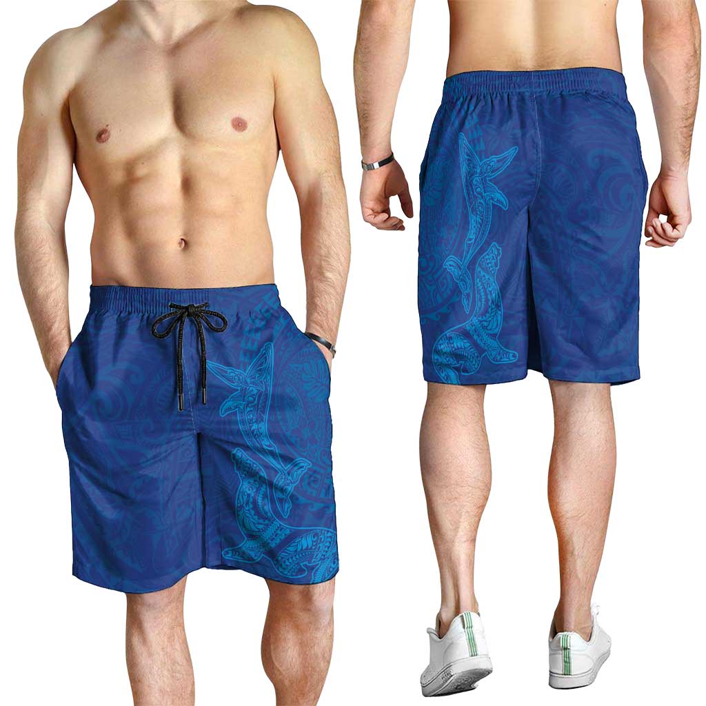 Hawaiian Monk Seal and Whale Shorts for Men Kakau Tribal Pattern Blue Color LT03 - Polynesian Pride