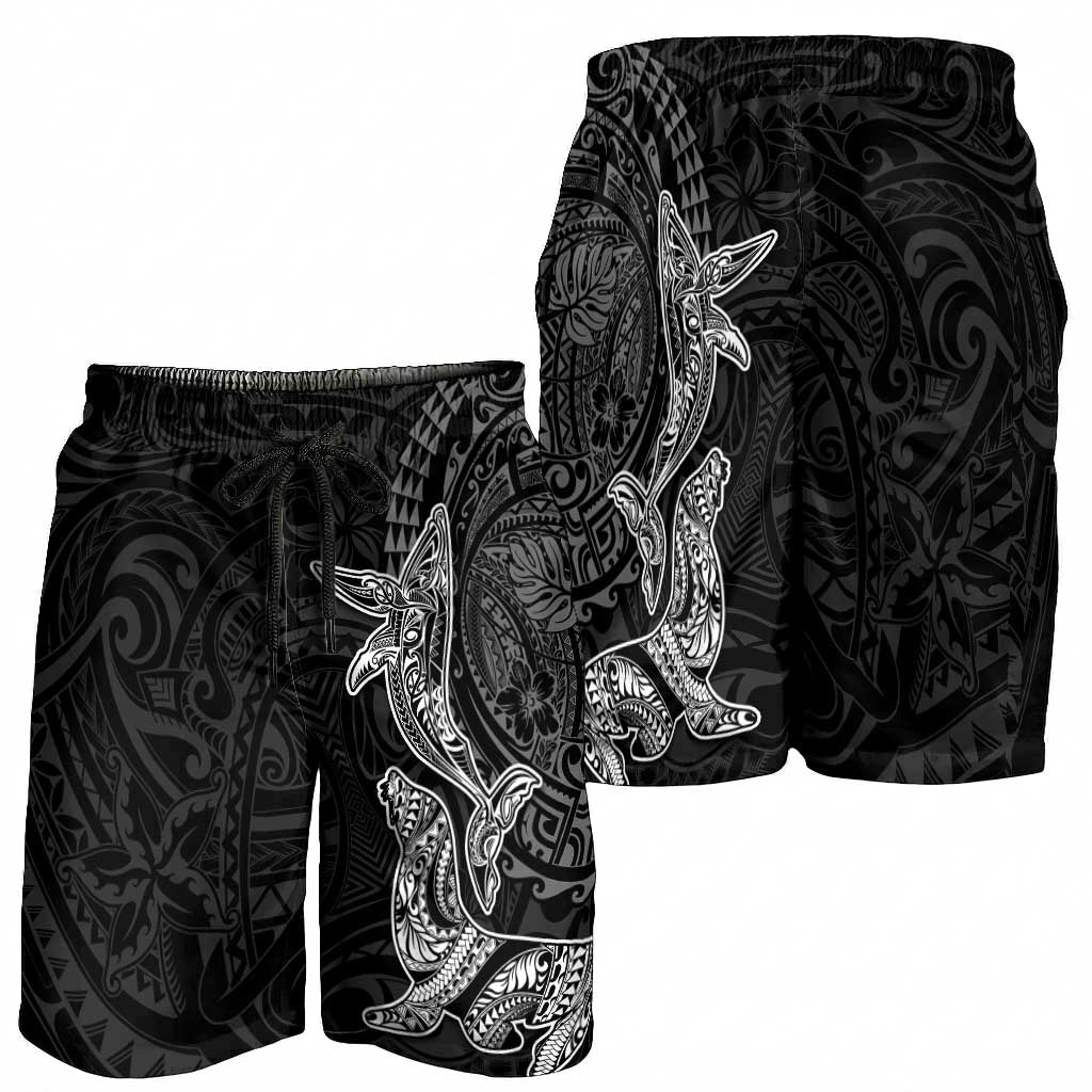 Hawaiian Monk Seal and Whale Shorts for Men Kakau Tribal Pattern Grayscale LT03 - Polynesian Pride