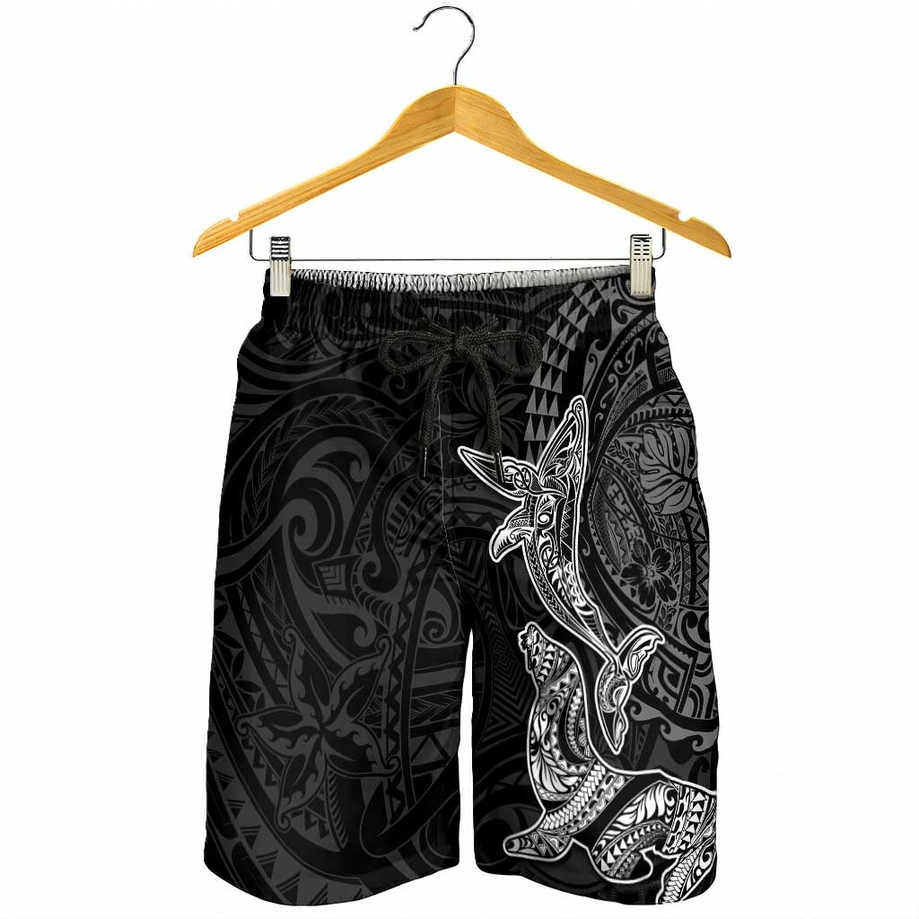 Hawaiian Monk Seal and Whale Shorts for Men Kakau Tribal Pattern Grayscale LT03 - Polynesian Pride