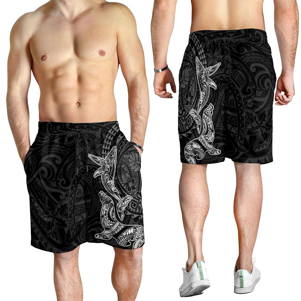 Hawaiian Monk Seal and Whale Shorts for Men Kakau Tribal Pattern Grayscale LT03 - Polynesian Pride