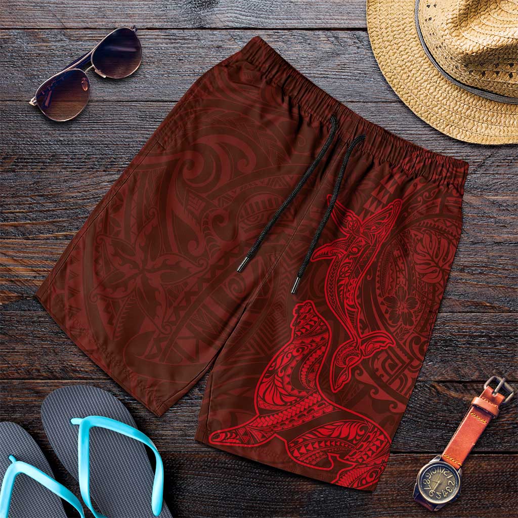 Hawaiian Monk Seal and Whale Shorts for Men Kakau Tribal Pattern Red Color LT03 Red - Polynesian Pride