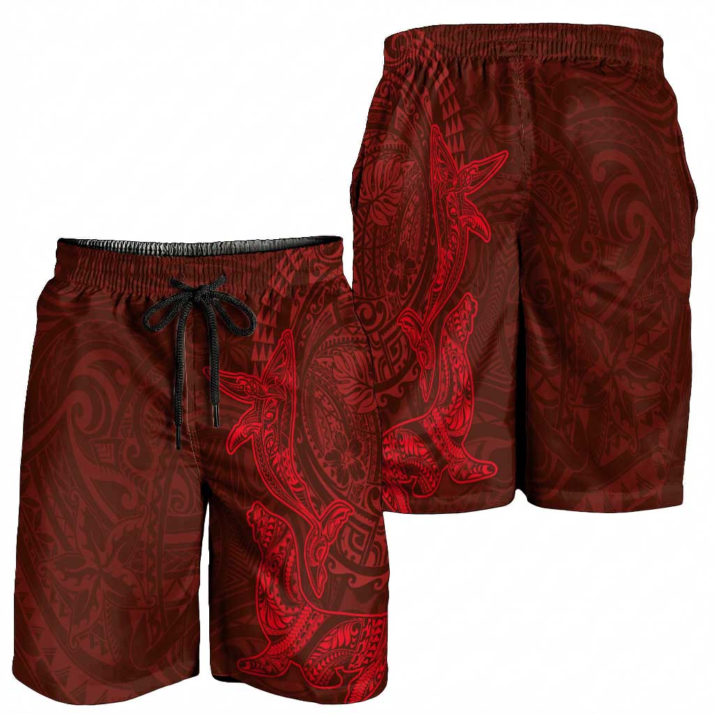 Hawaiian Monk Seal and Whale Shorts for Men Kakau Tribal Pattern Red Color LT03 - Polynesian Pride