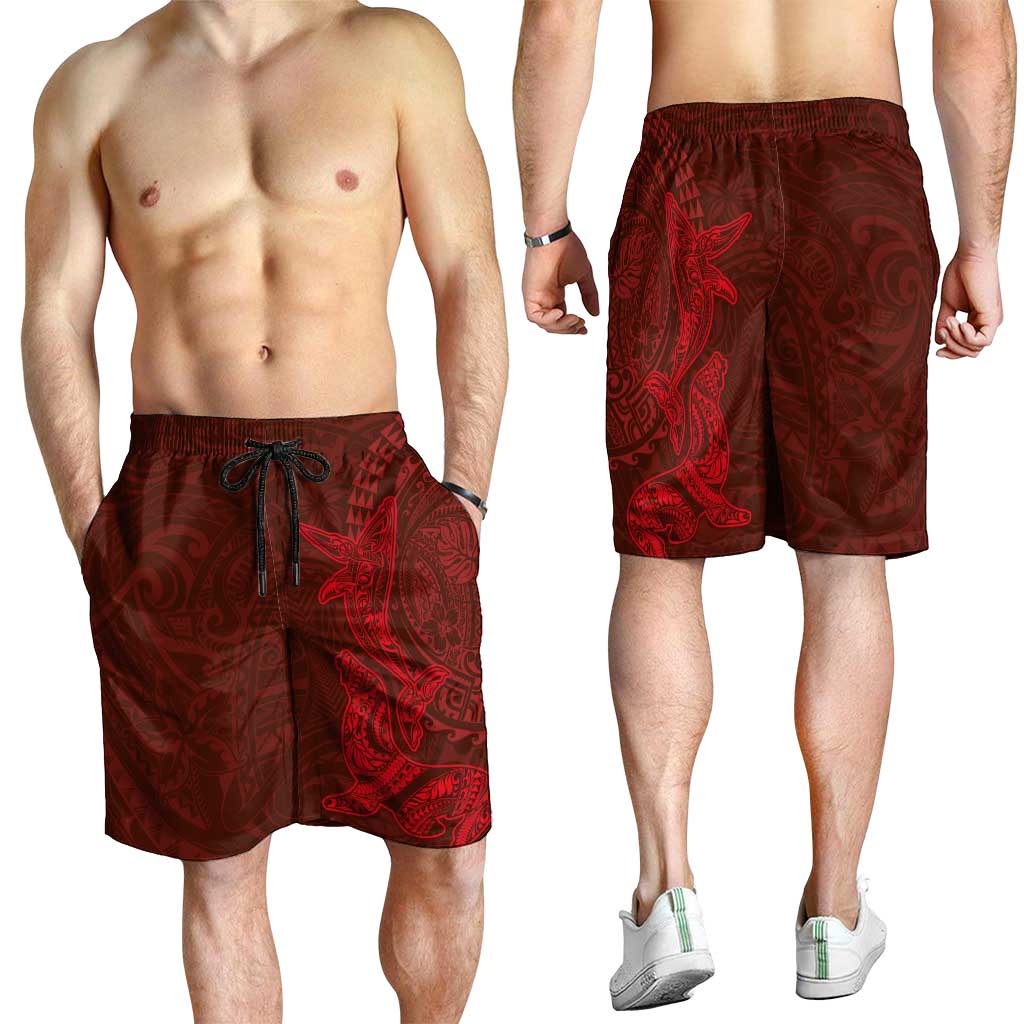 Hawaiian Monk Seal and Whale Shorts for Men Kakau Tribal Pattern Red Color LT03 - Polynesian Pride