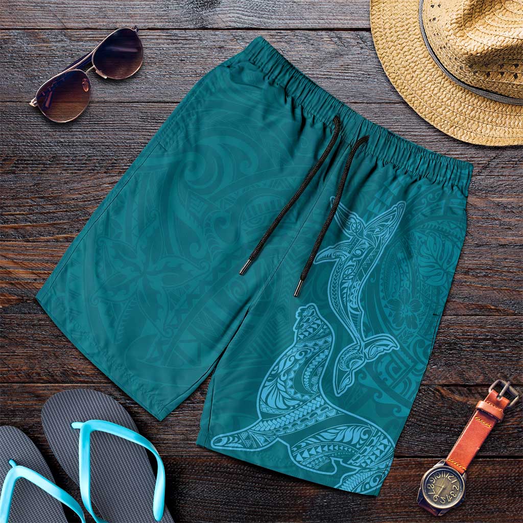 Hawaiian Monk Seal and Whale Shorts for Men Kakau Tribal Pattern Teal Color LT03 Teal - Polynesian Pride