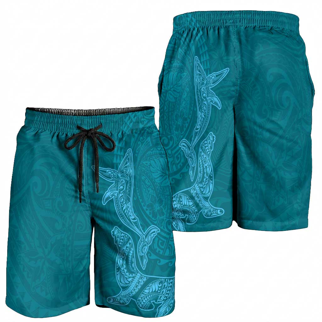 Hawaiian Monk Seal and Whale Shorts for Men Kakau Tribal Pattern Teal Color LT03 - Polynesian Pride