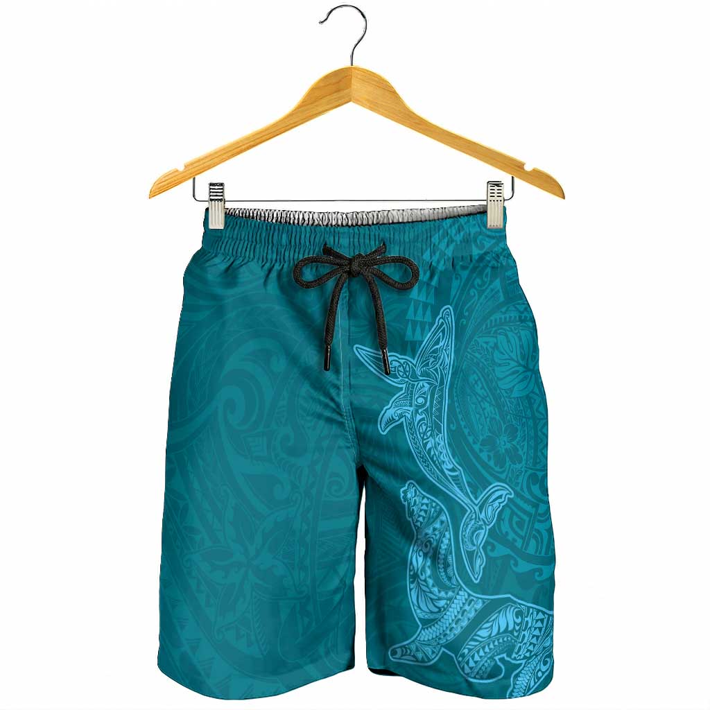 Hawaiian Monk Seal and Whale Shorts for Men Kakau Tribal Pattern Teal Color LT03 - Polynesian Pride