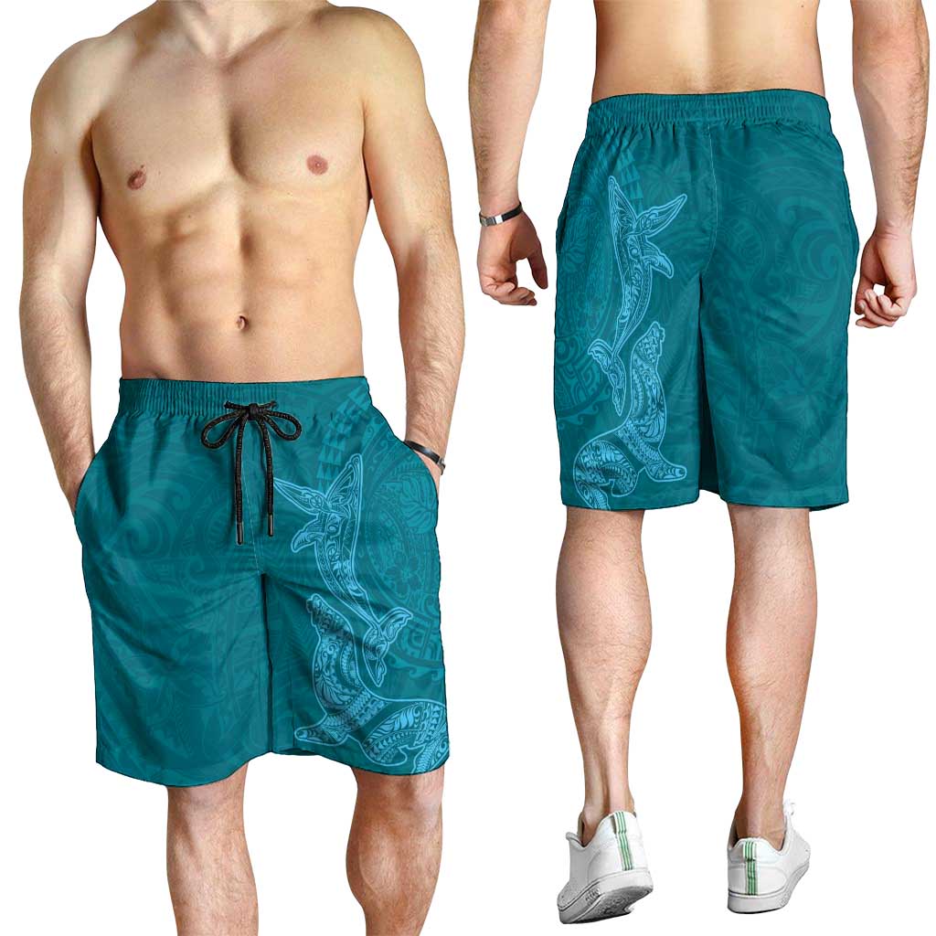 Hawaiian Monk Seal and Whale Shorts for Men Kakau Tribal Pattern Teal Color LT03 - Polynesian Pride