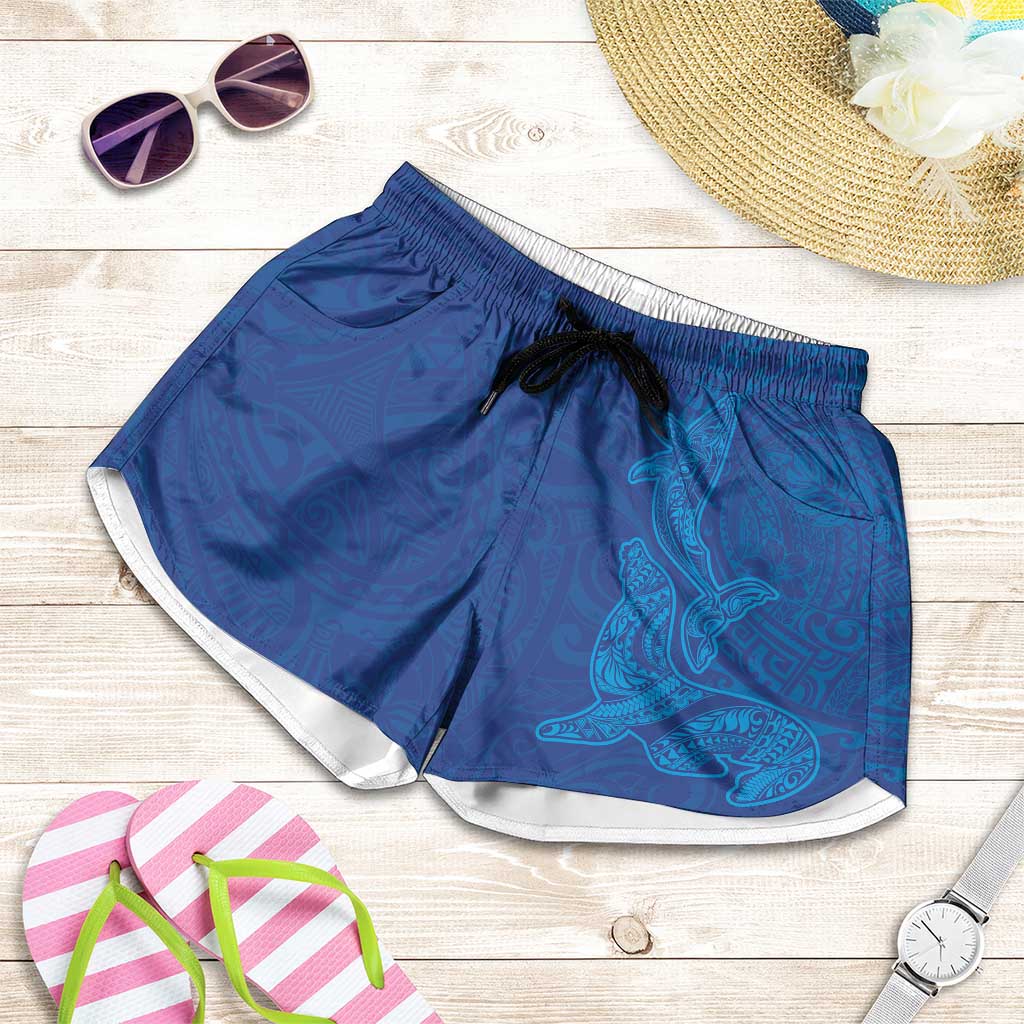 Hawaiian Monk Seal and Whale Shorts for Women Kakau Tribal Pattern Blue Color LT03 Blue - Polynesian Pride