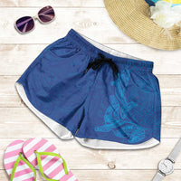 Hawaiian Monk Seal and Whale Shorts for Women Kakau Tribal Pattern Blue Color LT03 Blue - Polynesian Pride