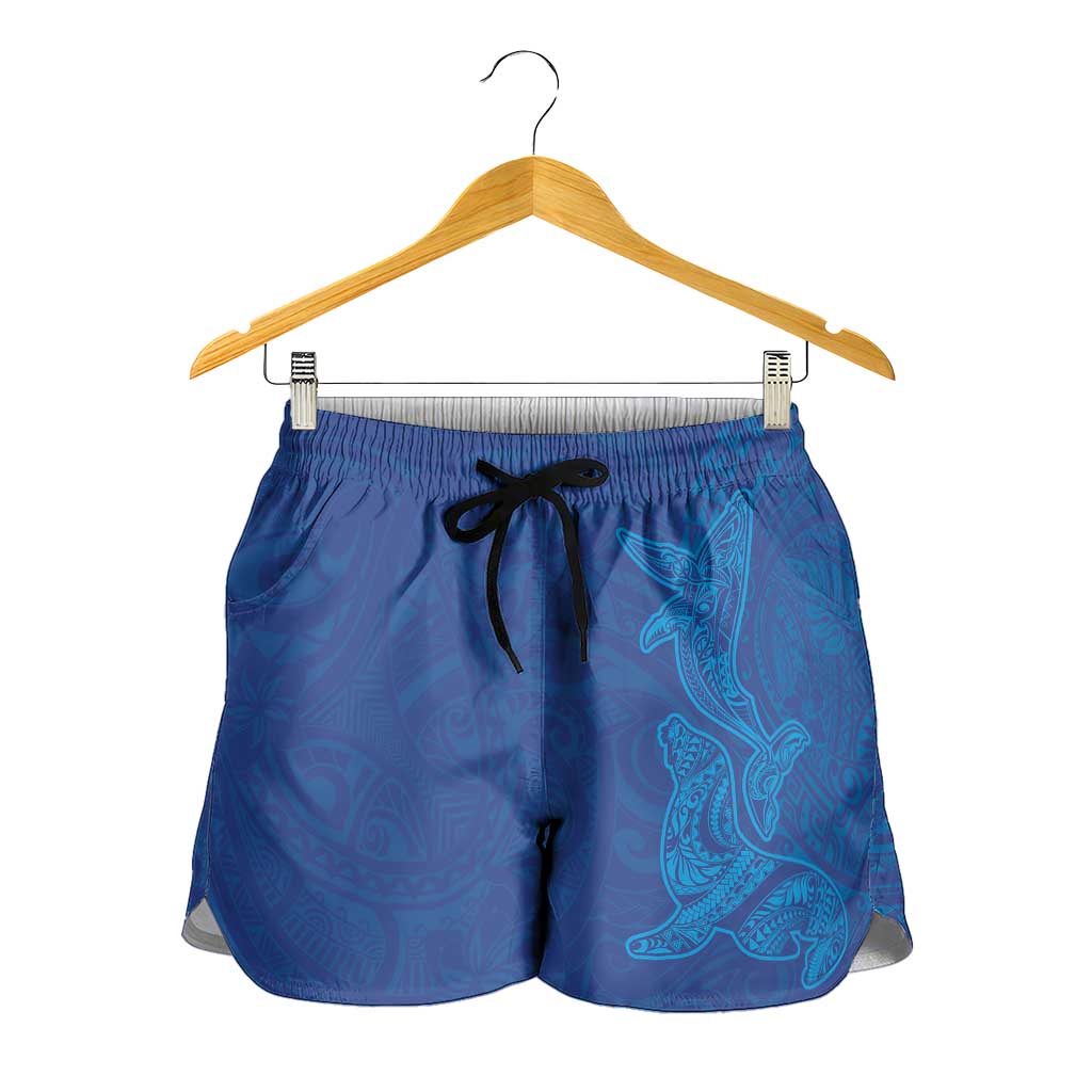 Hawaiian Monk Seal and Whale Shorts for Women Kakau Tribal Pattern Blue Color LT03 - Polynesian Pride