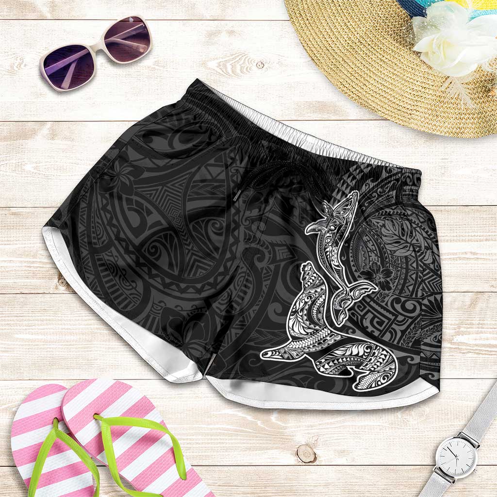 Hawaiian Monk Seal and Whale Shorts for Women Kakau Tribal Pattern Grayscale LT03 Black - Polynesian Pride