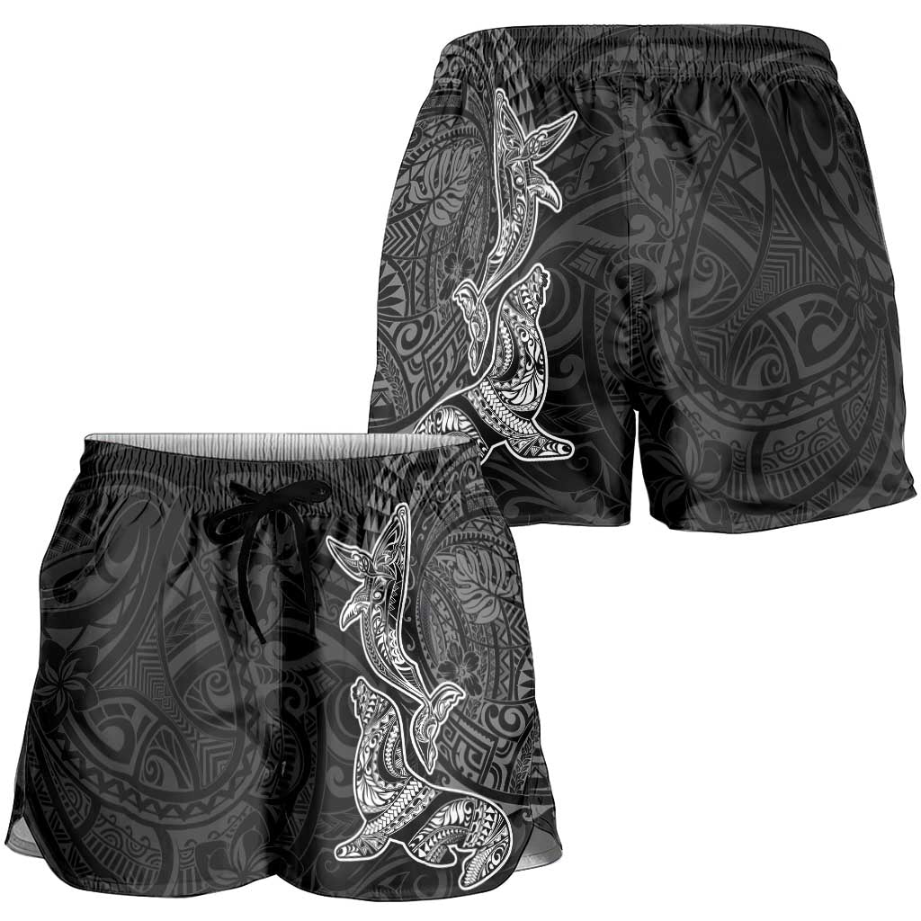 Hawaiian Monk Seal and Whale Shorts for Women Kakau Tribal Pattern Grayscale LT03 - Polynesian Pride